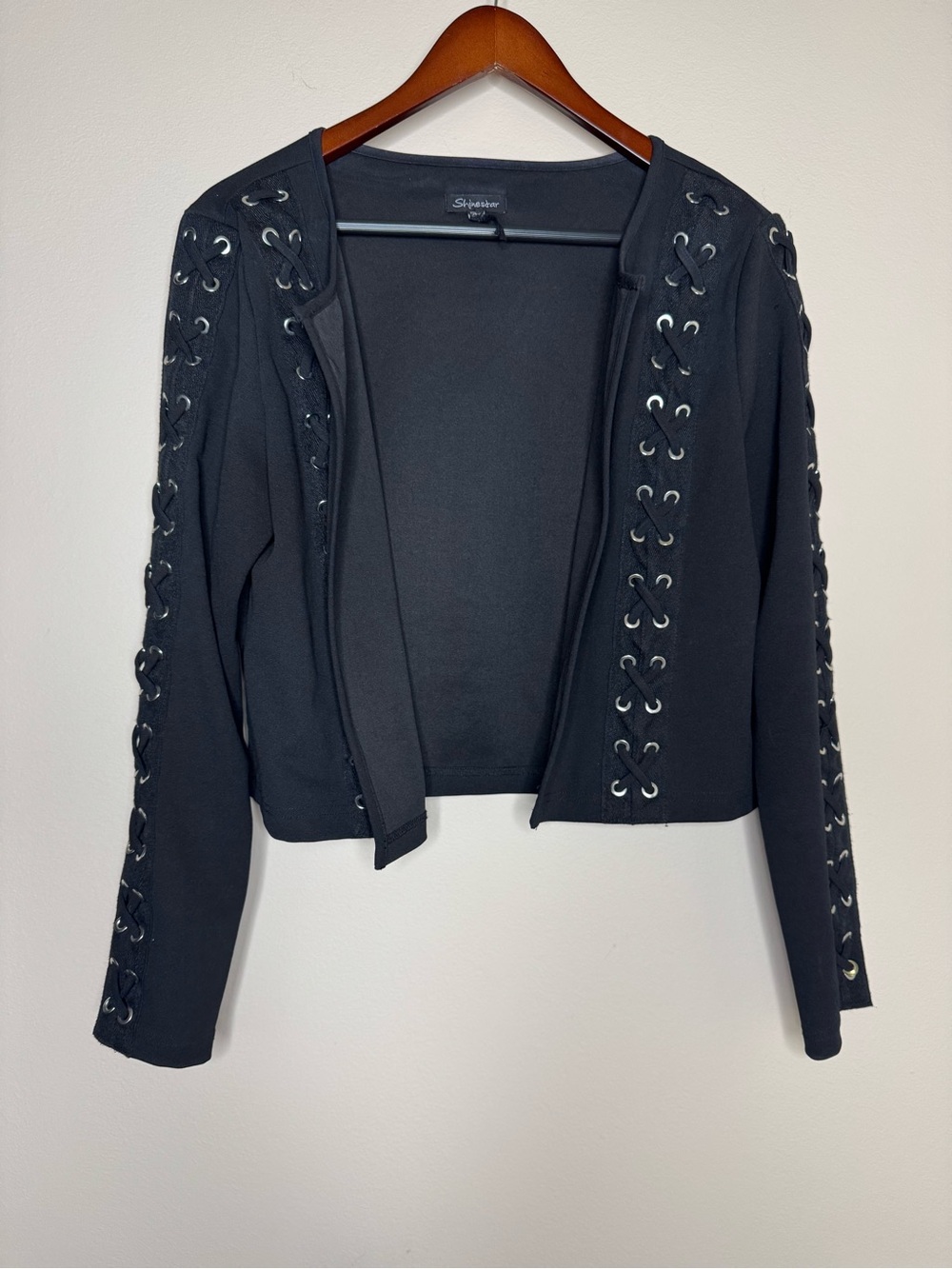 Shinestar Black Lace-Up Cropped Bomber Jacket